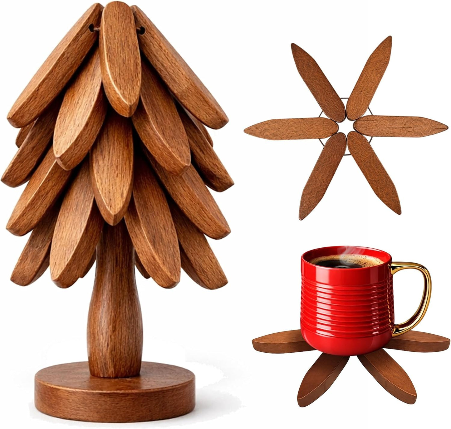 WOODWISE Foldable Wooden Trivet Set with Tree Stand | Solid Wood Heat Resistant Pan & Pot Mats | Space Saving Kitchen Table Protector | Decorative Wooden Coasters for Hot Dishes & Cups
