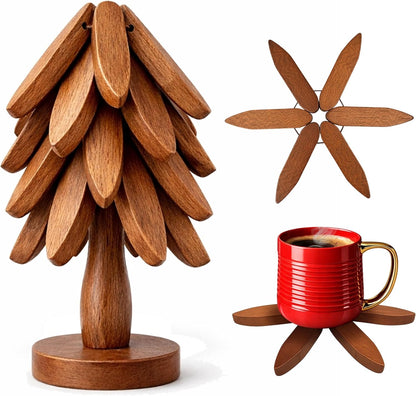 WOODWISE Foldable Wooden Trivet Set with Tree Stand | Solid Wood Heat Resistant Pan & Pot Mats | Space Saving Kitchen Table Protector | Decorative Wooden Coasters for Hot Dishes & Cups