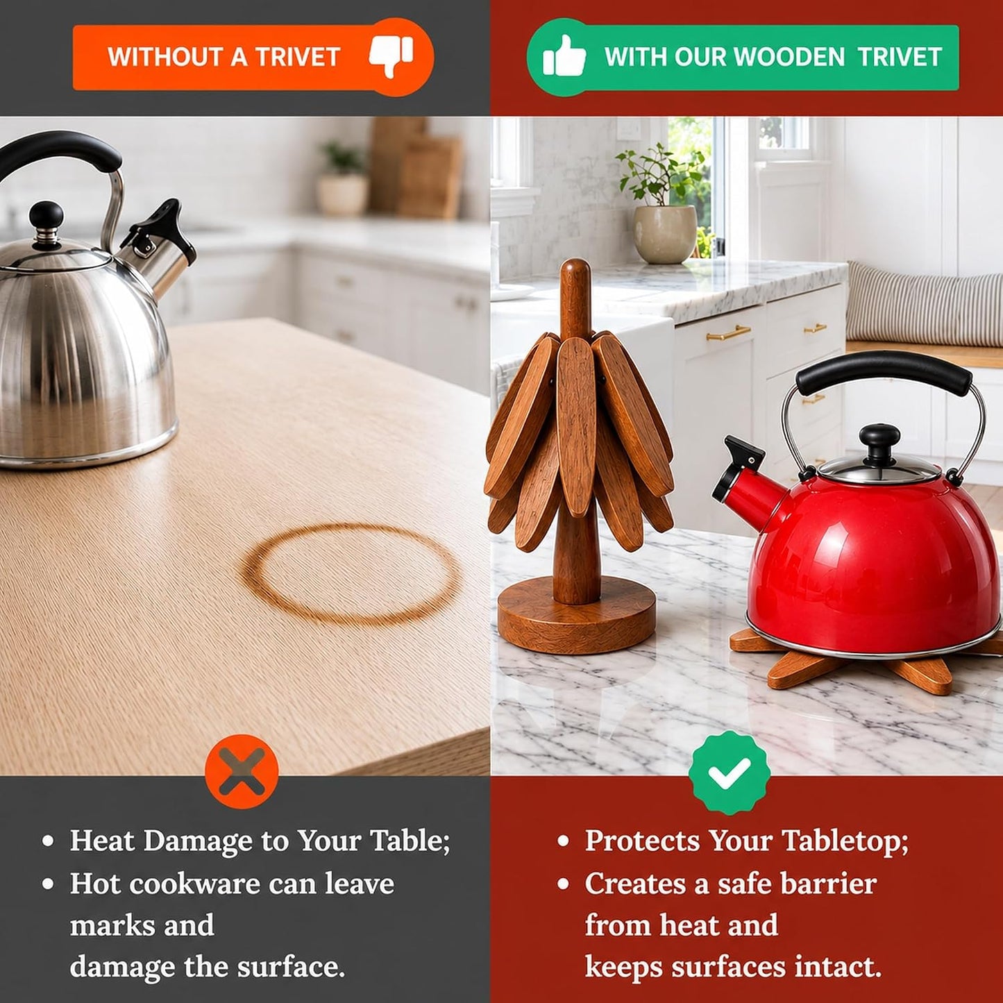 WOODWISE Foldable Wooden Trivet Set with Tree Stand | Solid Wood Heat Resistant Pan & Pot Mats | Space Saving Kitchen Table Protector | Decorative Wooden Coasters for Hot Dishes & Cups