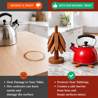 WOODWISE Foldable Wooden Trivet Set with Tree Stand | Solid Wood Heat Resistant Pan & Pot Mats | Space Saving Kitchen Table Protector | Decorative Wooden Coasters for Hot Dishes & Cups