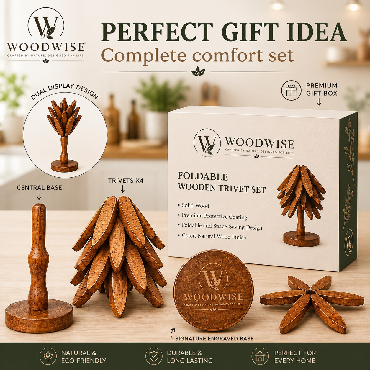 WOODWISE Foldable Wooden Trivet Set with Tree Stand | Solid Wood Heat Resistant Pan & Pot Mats | Space Saving Kitchen Table Protector | Decorative Wooden Coasters for Hot Dishes & Cups