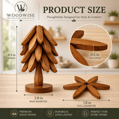 WOODWISE Foldable Wooden Trivet Set with Tree Stand | Solid Wood Heat Resistant Pan & Pot Mats | Space Saving Kitchen Table Protector | Decorative Wooden Coasters for Hot Dishes & Cups